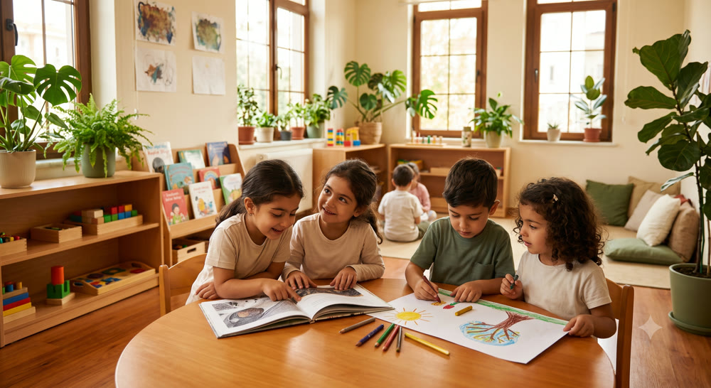5-6 yaş grubu çocuklar kitap okuyup çizim yaparken